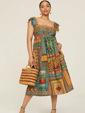FARM RIO...Bohemian Patchwork Midi Dress in Multicolor